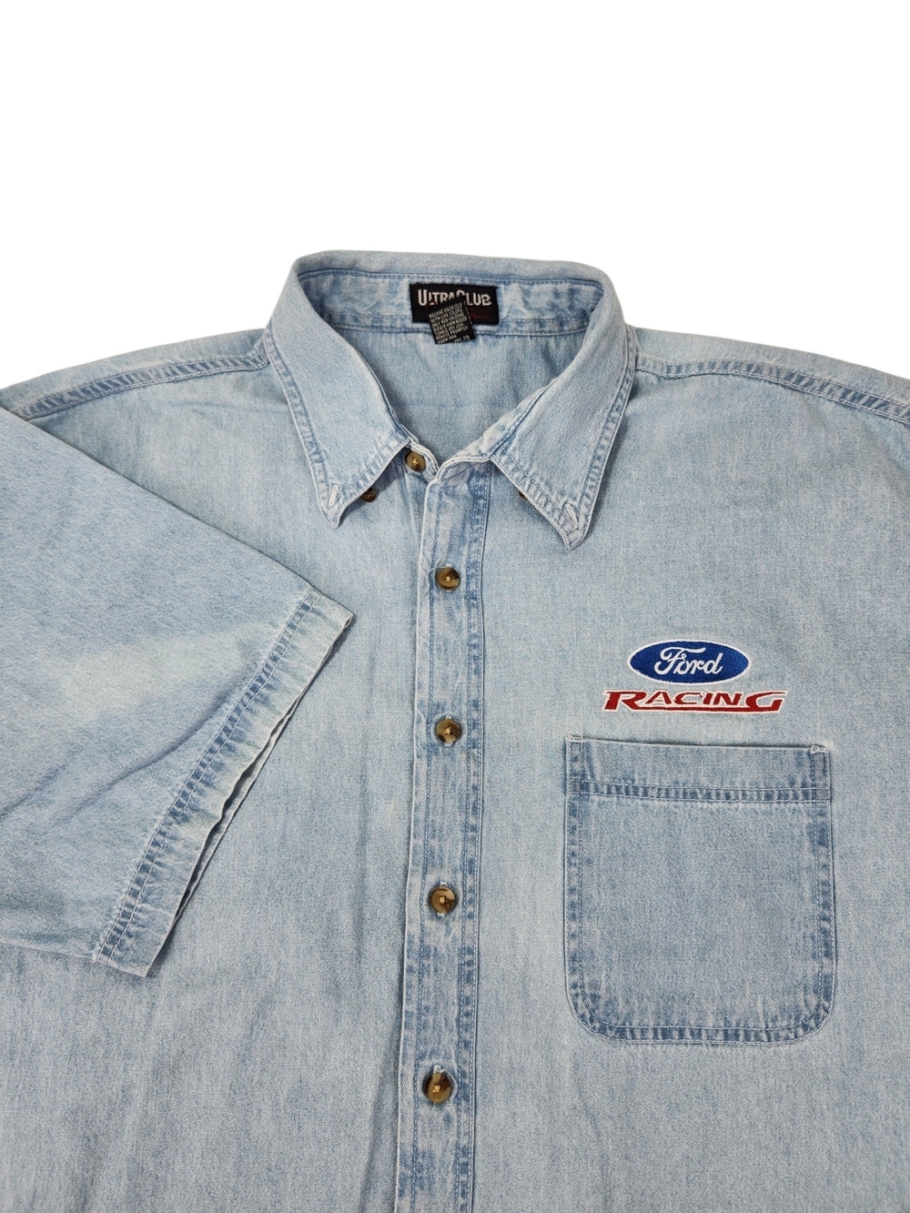 Vintage Ford Racing UltraClub Denim Shirt 2XL Blue Short Sleeve Y2K NASCAR